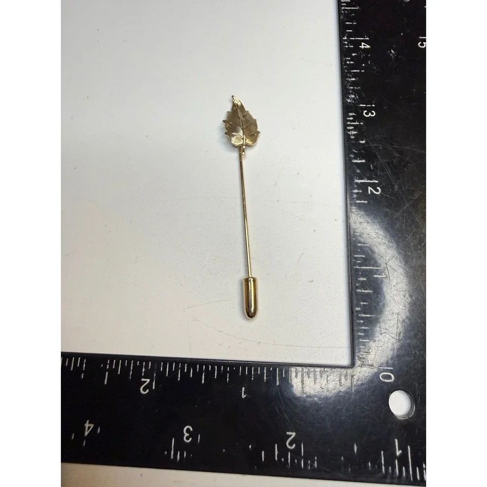 Vintage Gold Tone Textured Leaf Stick Pin Lapel Scarf Hat Pin Botanical Jewelry